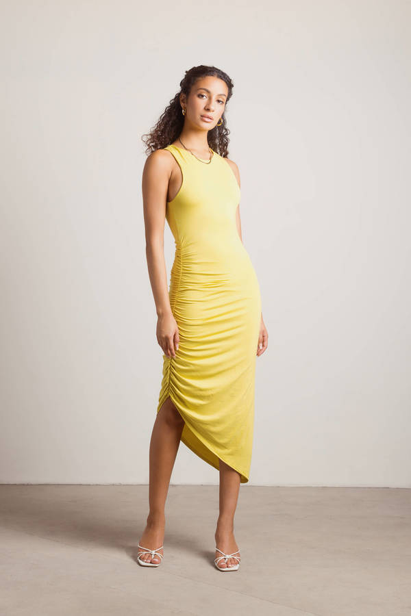 Nonsense Yellow Side Ruched Asymmetrical Midi Dress