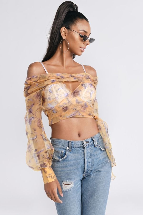 Yellow Top - Floral Print Top - Off Shoulder Wrap Top