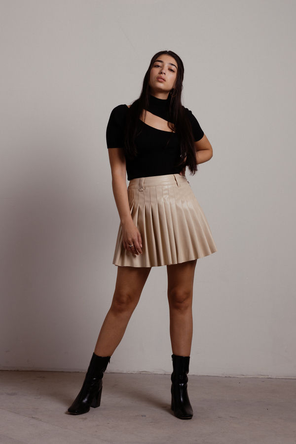 Brown Mini Skirt - Pleather Pleated Skirt - D-Ring Detail Skirt