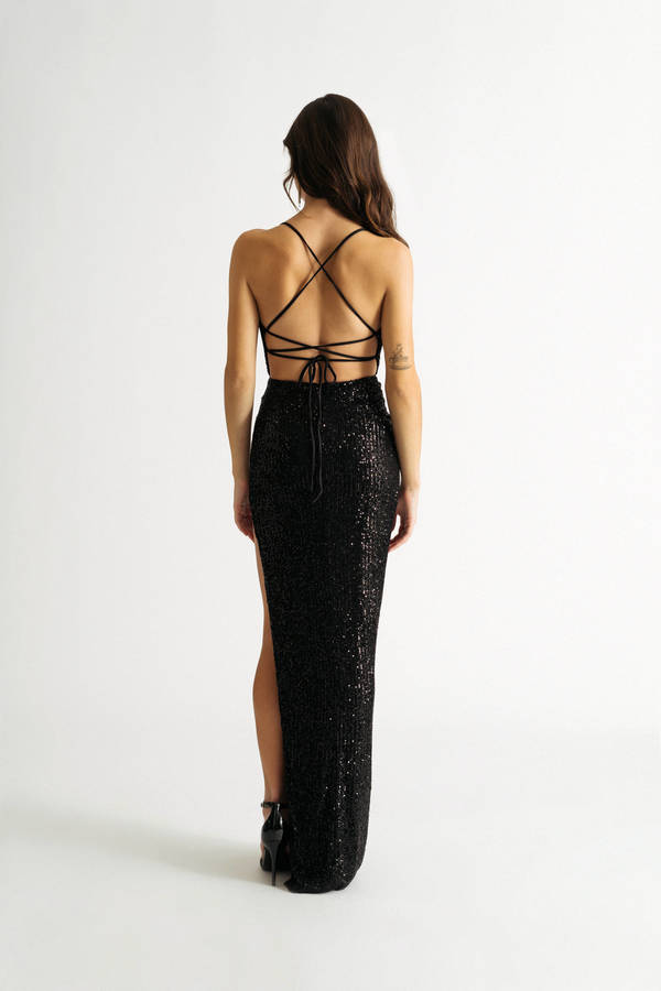 Chic Black Sequins Backless Party Gown Long Split Prom Party Gowns –  showprettydress