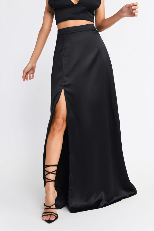 Black Maxi Skirt - Satin Side Slit Skirt - High Waist Long Skirt