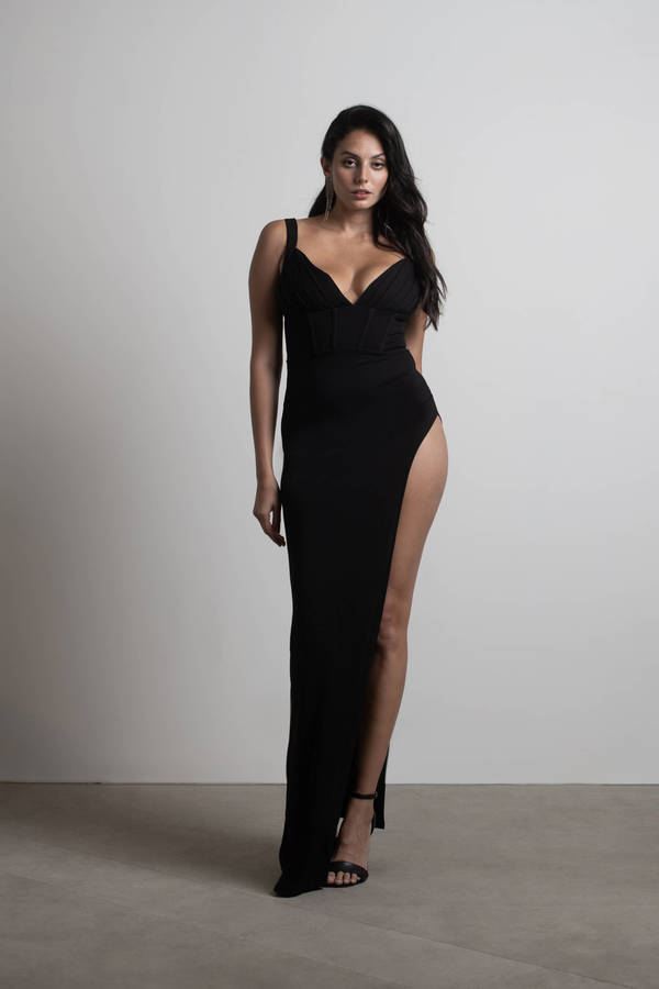 Black Corset Maxi Dress - High Slit Dress - Deep-V Dress