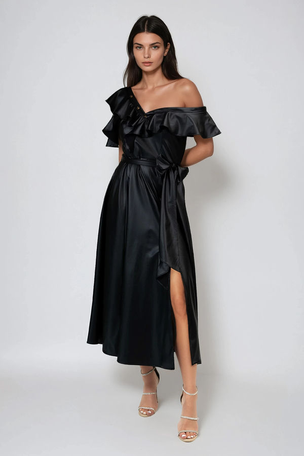Forever Mood Ruffled Faux Leather Midi Dress - Black