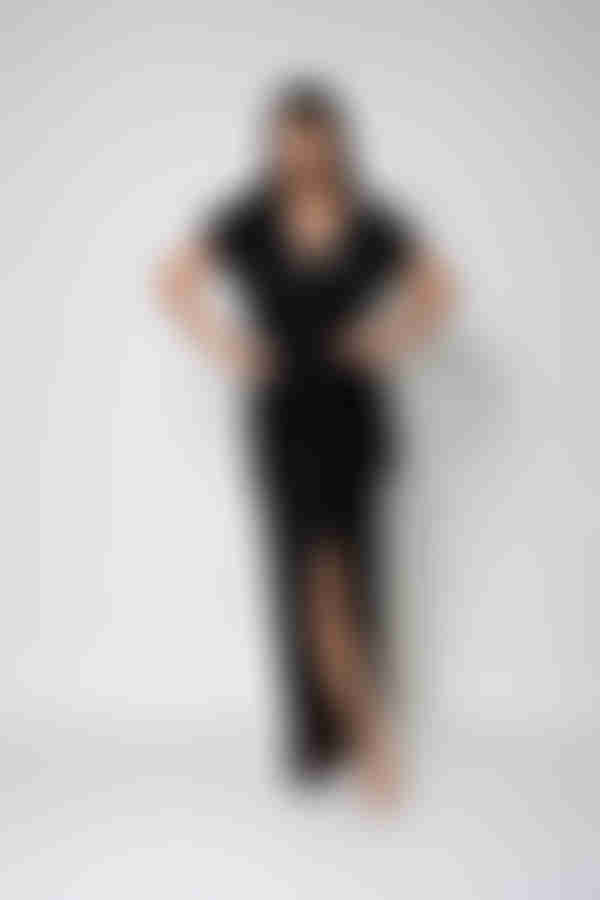 Invisible String Wrap Slit Maxi Dress - Black