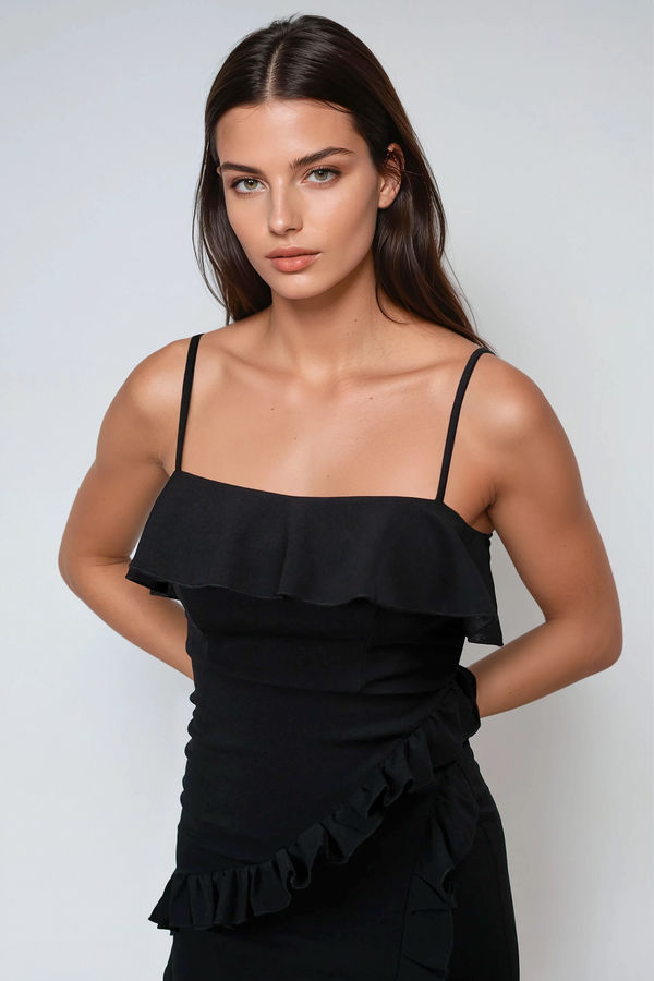 Magic Love Ruffle Slit Maxi Dress - Black