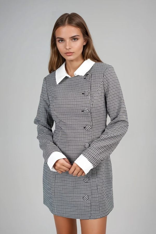 Metro Chic Plaid Button Mini Dress - Black