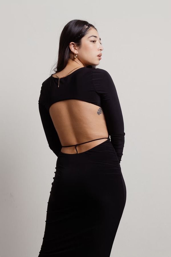 Black Midi Dress - Back Cut Out Dress - Tie Strap Bodycon Dress