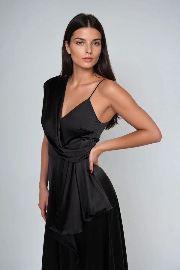 On My Way Satin Pleated Maxi Dress - Black