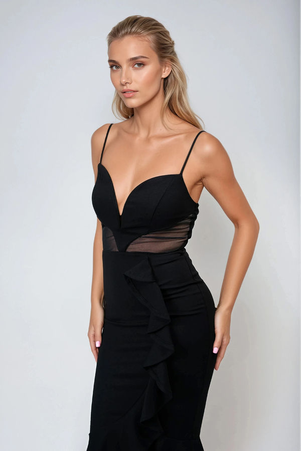 Sparks Fly Mesh Ruffle Midi Dress - Black