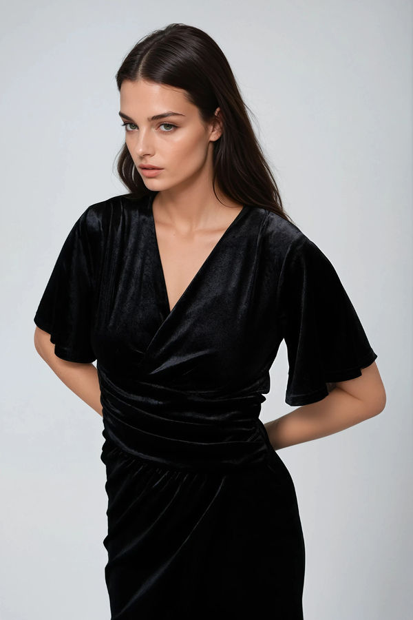 Stuck With You Velvet Wrap Midi Dress - Black