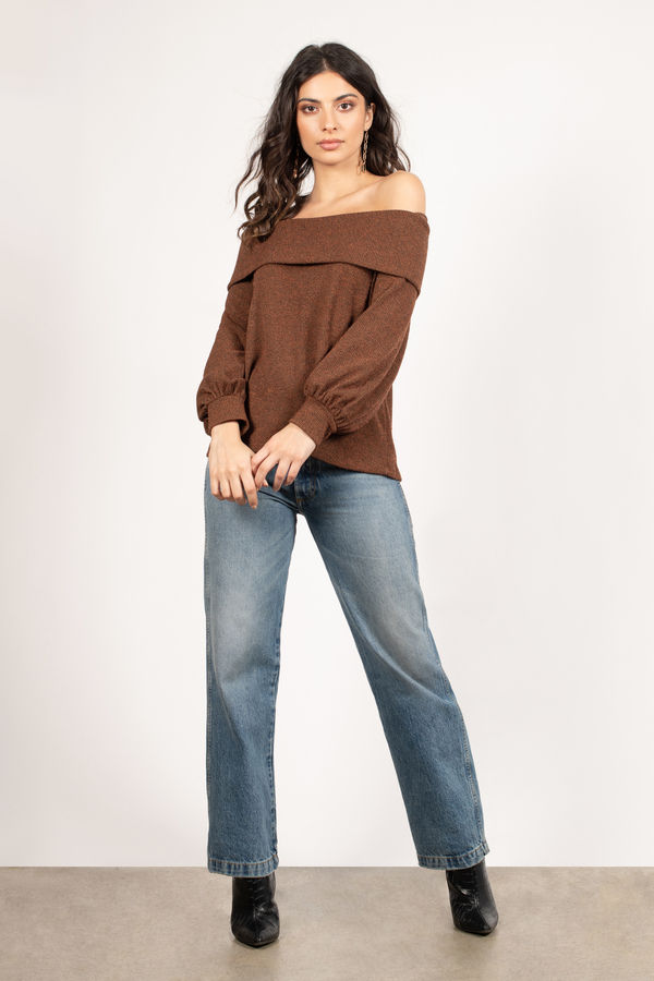 Brown Sweater Top - Off Shoulder Sweater Top - Sweater Top With Elastic ...