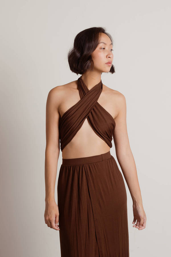 Brown 2-Piece Set - Brown Halter Top - Brown Maxi Skirt