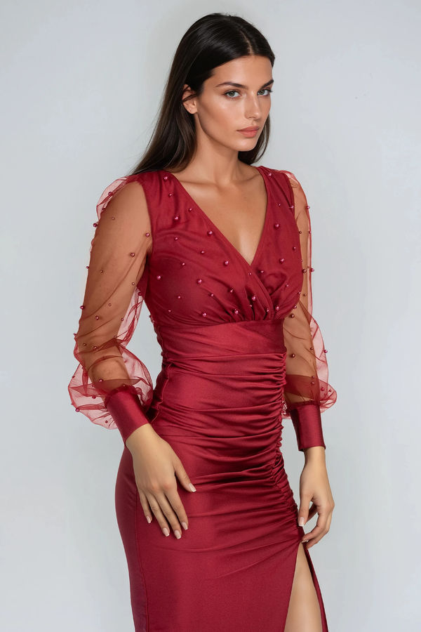 Angel Edge Satin Pearl Midi Dress - Burgundy