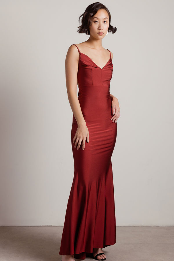 Red Maxi Dress - Satin Bodycon Dress - Mermaid Dress With Runched