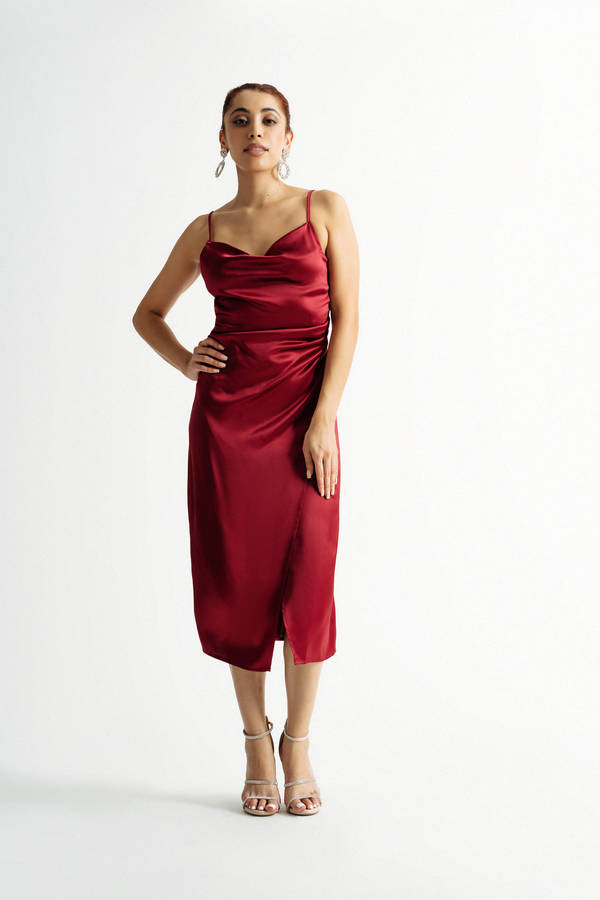 Red Burgundy Satin Corset Cowl Neck Maxi Prom Formal Dress with Slit LaceUp  Back