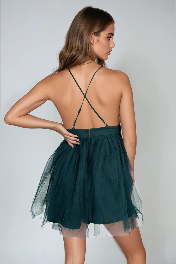 Silken Fire Plunging Tulle Mini Dress - Emerald