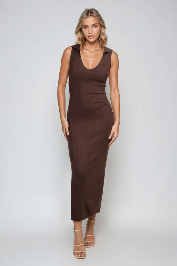 Urban Ease Collared Sweater Maxi Dress - Espresso
