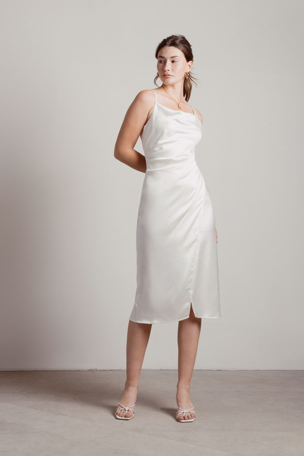 White Midi Dress - Satin Dress With Cowl Neck - Ivory Slip Dress