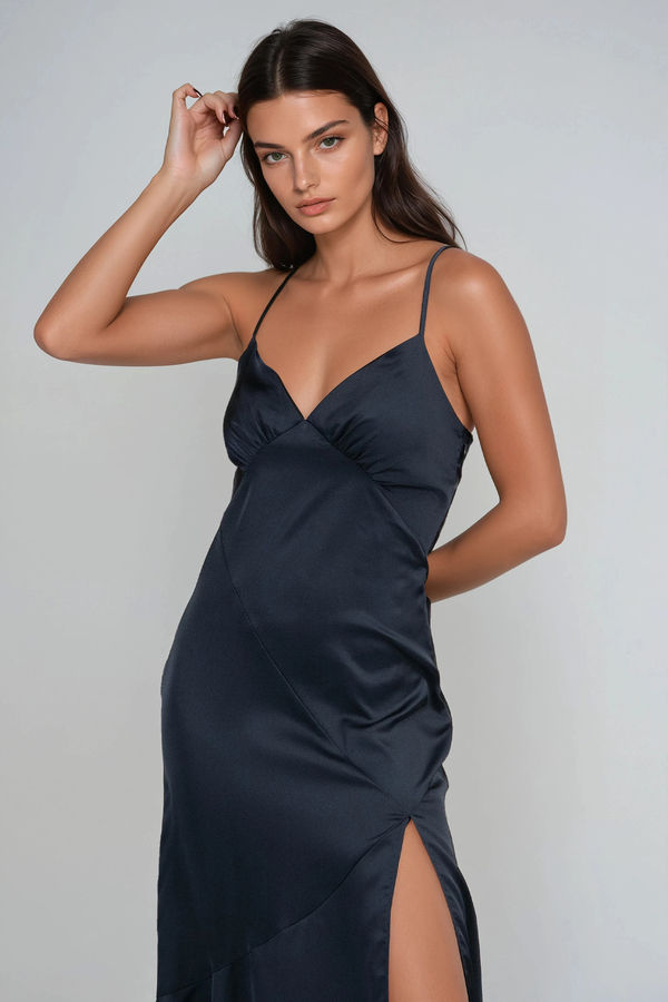 Emmalyn Satin Slit Midi Dress - Navy