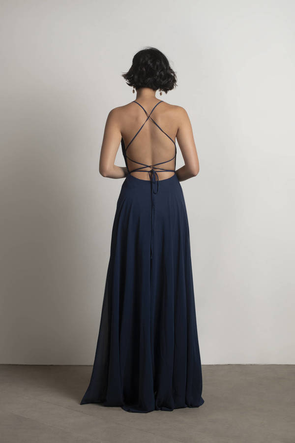 Blue Maxi Dress - Lace Up Back Dress - Navy Adjustable Ties Dress