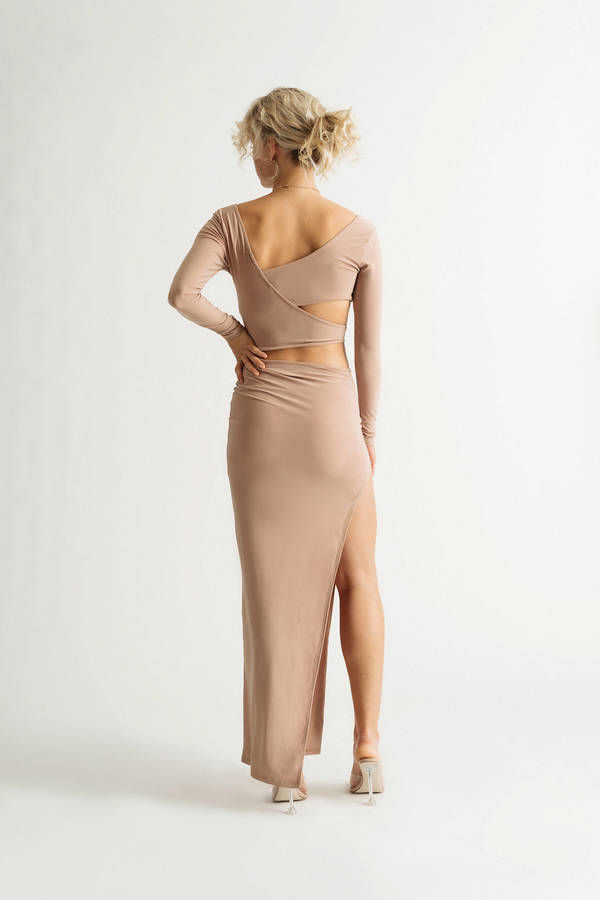Nude Cutout Maxi Dress - Long Sleeve Fitted Maxi Dress