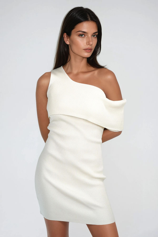 Whisper Curve One Shoulder Sweater Mini Dress - Oatmeal