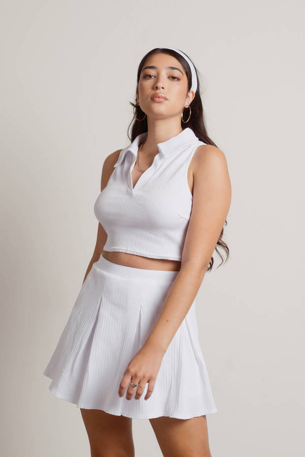 White 2-Piece Set - White Tennis Skirt - Collared Top