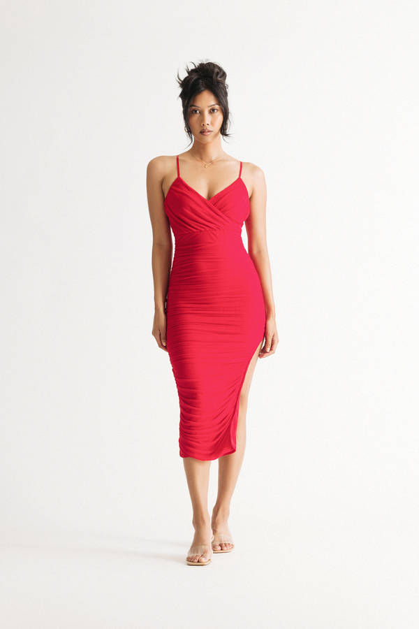 No Side Eye Red Ruched Side Slit Bodycon Midi Dress - $116