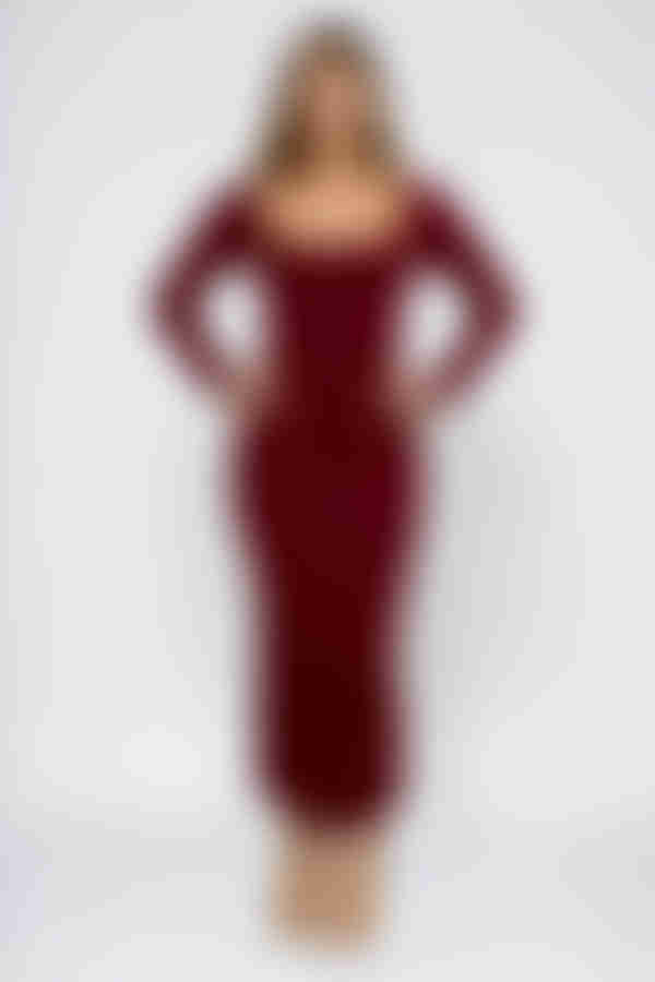 Easy Comfort Ribbed Square Neck Midi Dress - Rouge