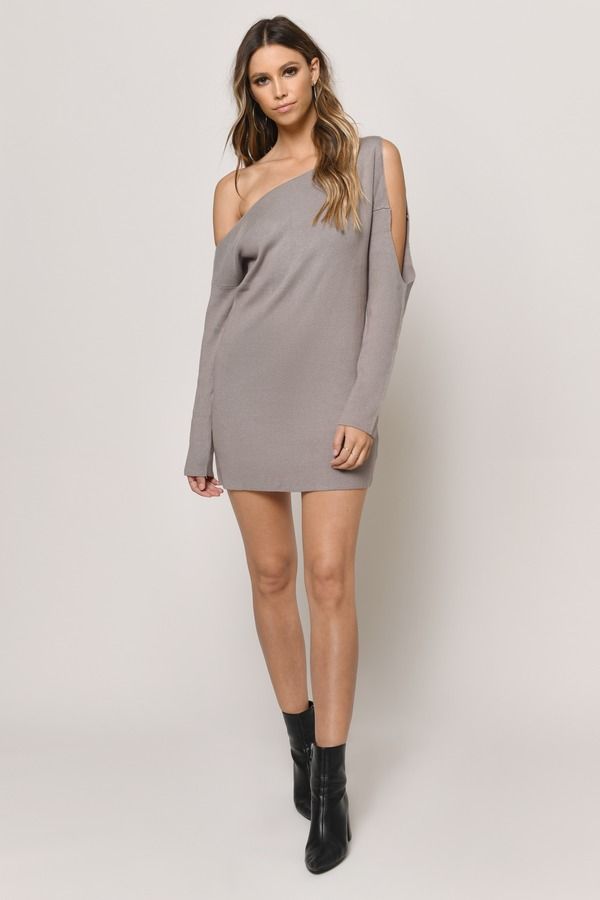 Snug As Can Be Heather Taupe Ribbed Mock Neck Sweater Dress