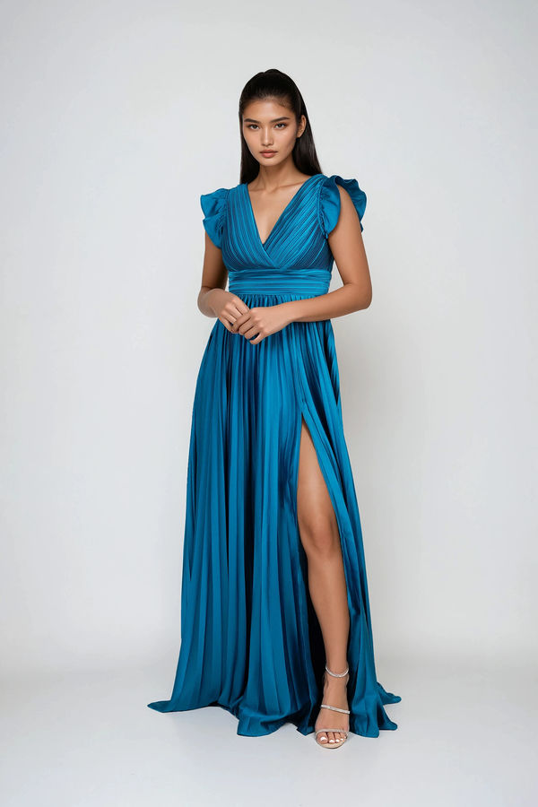 Twilight Muse Satin Pleated Maxi Dress - Teal