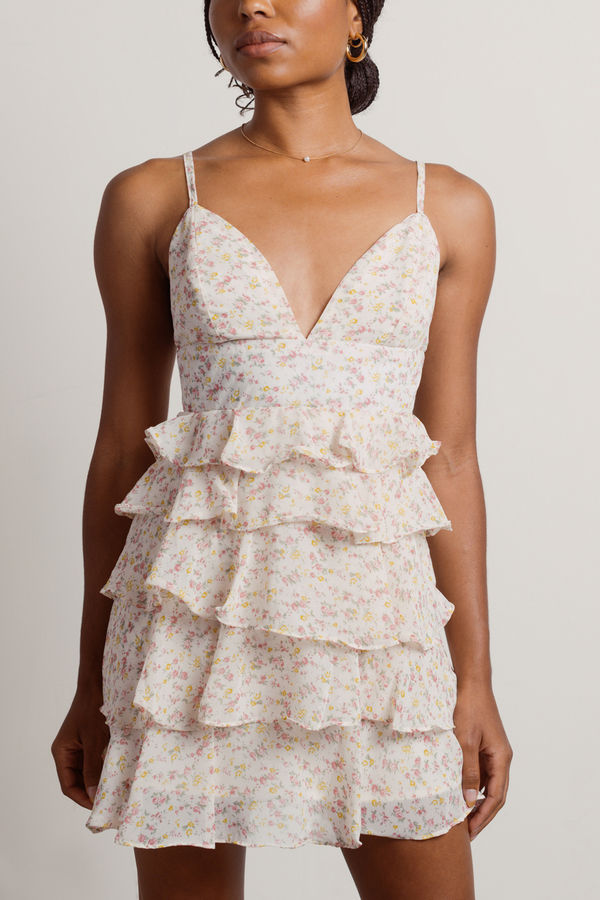 White Floral Tiered Dress - Floral Ruffle Dress