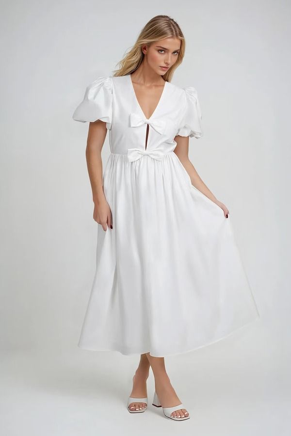 Sweet But Sharp Puff Bow Midi Dress - White