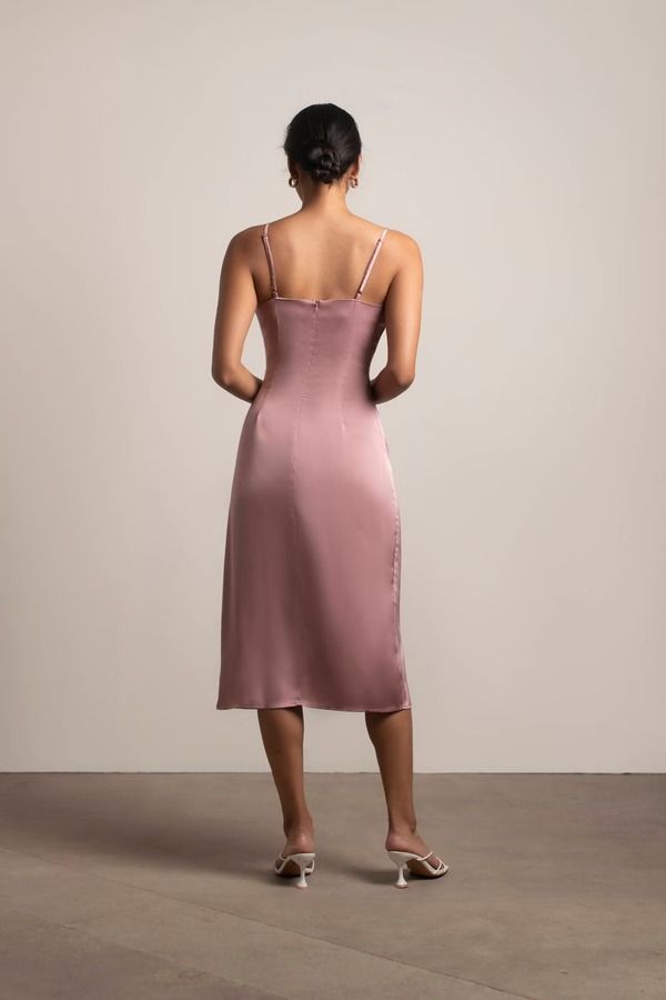 Pink Midi Dress - Satin Dress With Cowl Neck - Rose Slip Dress