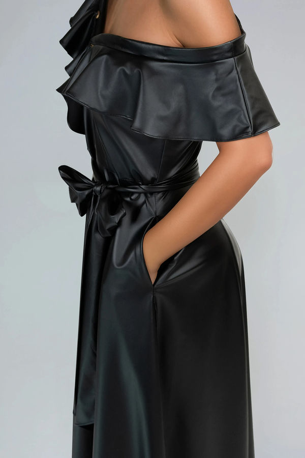 Forever Mood Ruffled Faux Leather Midi Dress - Black