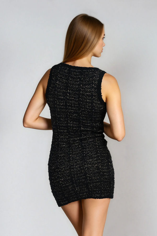 Golden Charm Tweed Button Mini Dress - Black Gold