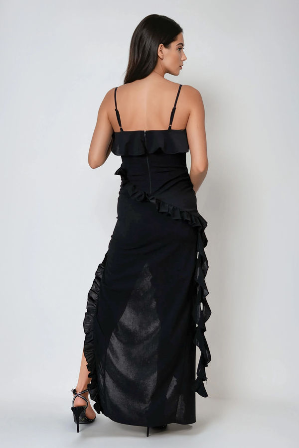 Magic Love Ruffle Slit Maxi Dress - Black
