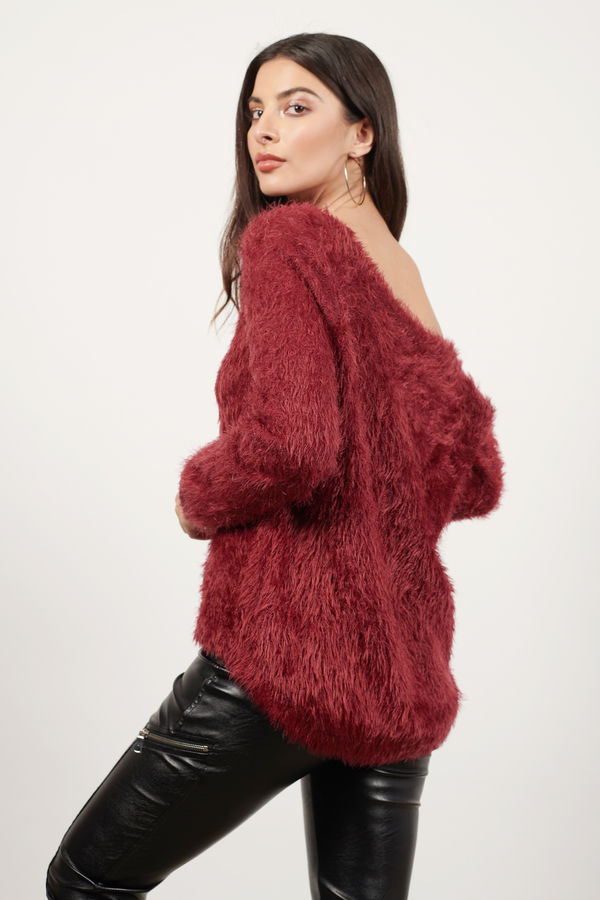 skolde uanset Kælder Red Sweater - Fuzzy Knit Sweater - Burgundy Scoop Neckline Sweater