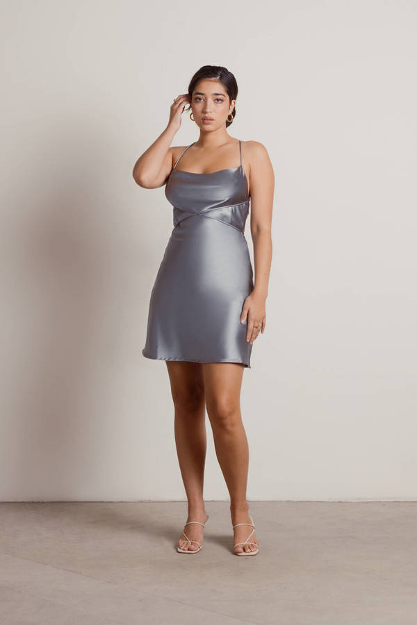 Matte Satin Grey Cowl Neck Mini Dress