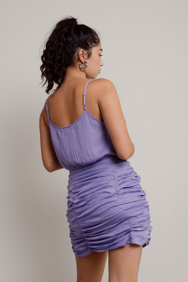 Lavender Purple Shirred Bodycon Ruffled Trim Mini Dress – JeHouze.US