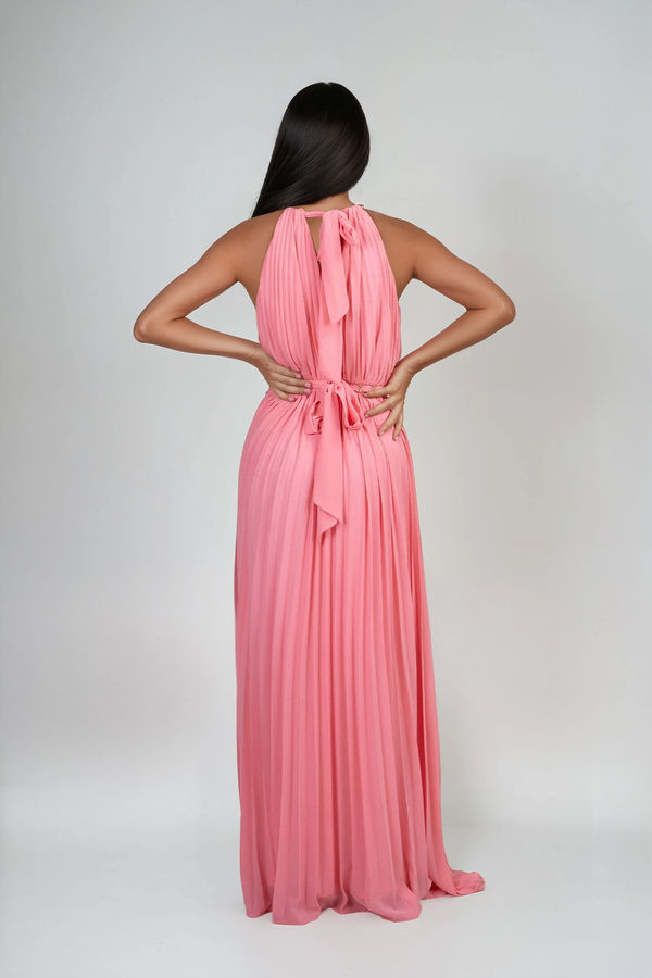 Honey Chain Halter Pleated Maxi Dress - Light Coral