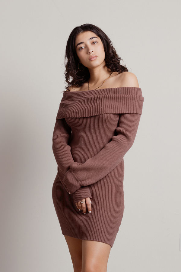 Mocha Sweater Dress - Balloon Sleeve Sweater Dress - Brown Ribbed Off  Shoulder Sweater Dress
