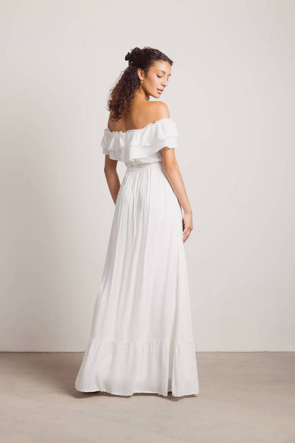 Maribel Crepe Ruffle Shoulder Dress (White)  White off shoulder dress,  Ruffle shoulder dress, Dinner dress