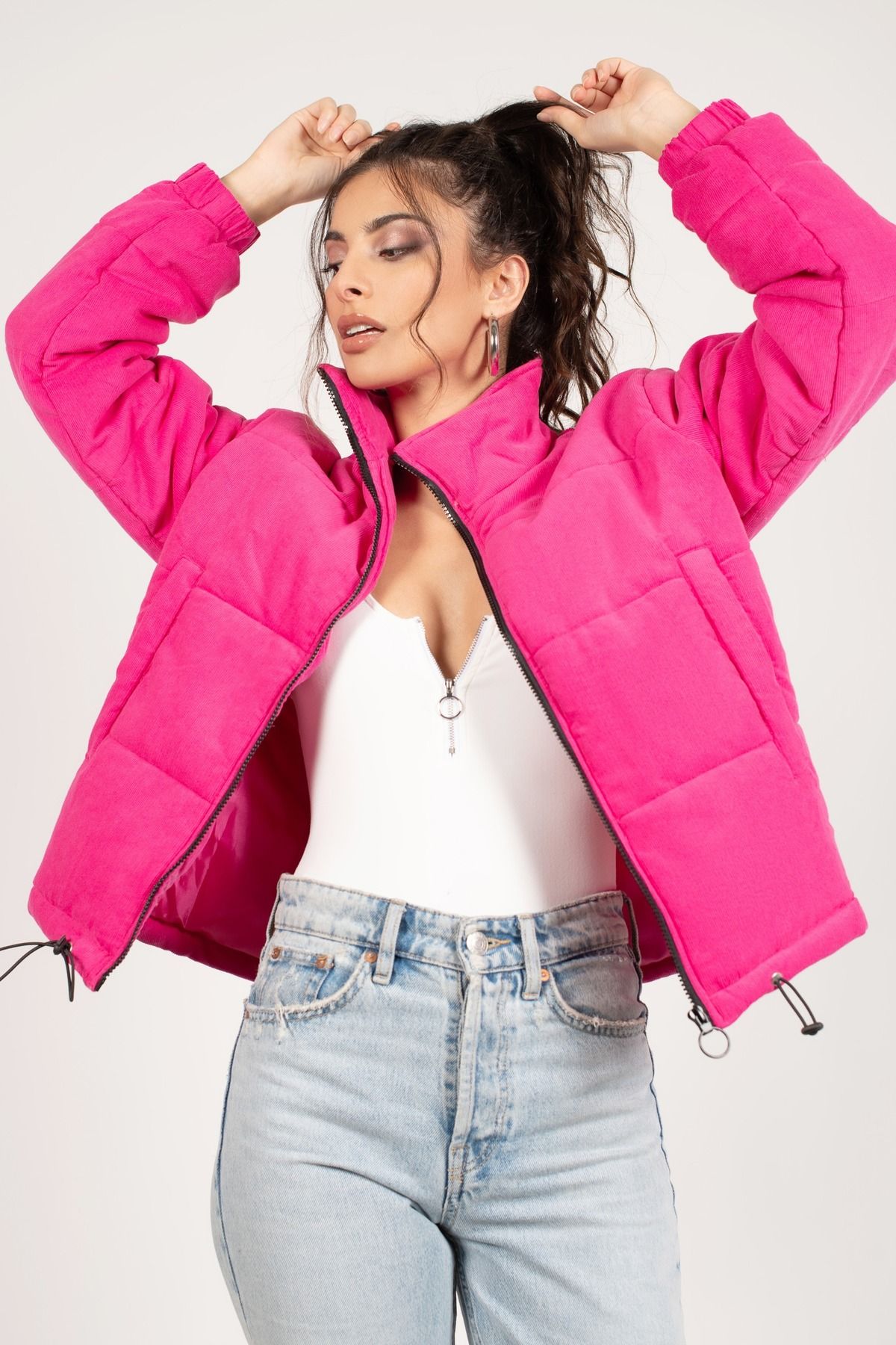 Hot Pink Puffer Jacket - O-Ring Zipper Jacket - Faux Pocket Jacket