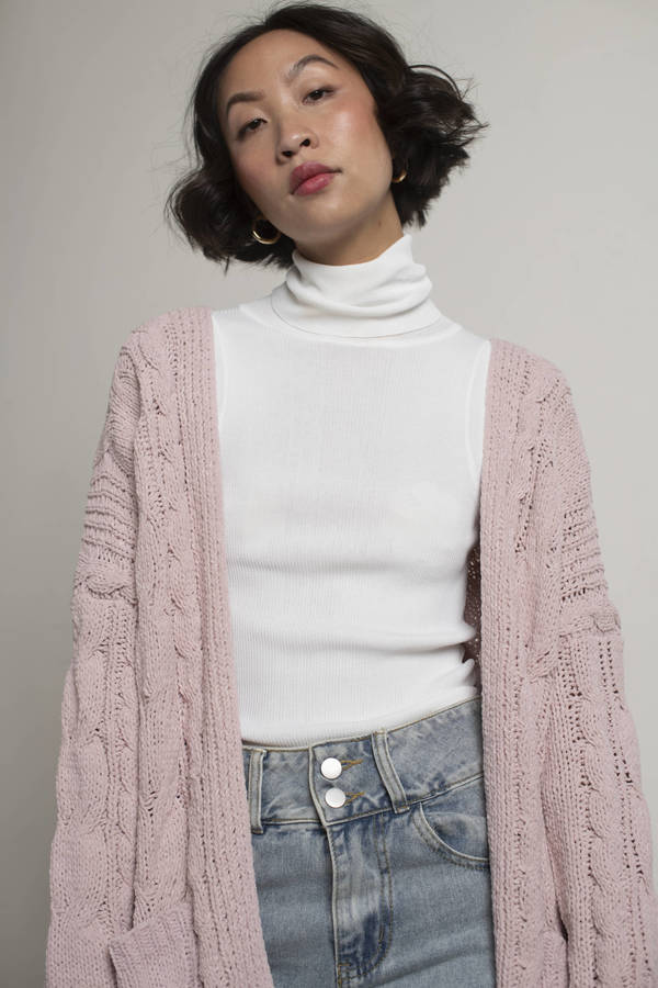 Pink Sweater Cardigan - Cable Knit Sweater Cardigan with Pockets