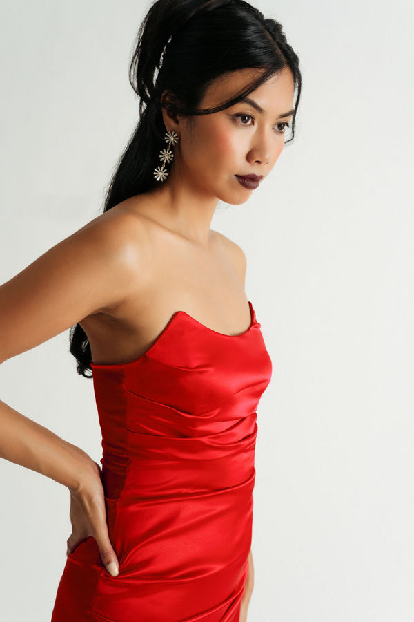 Red Fitted Strapless Satin Dress - Structured Mini Dress