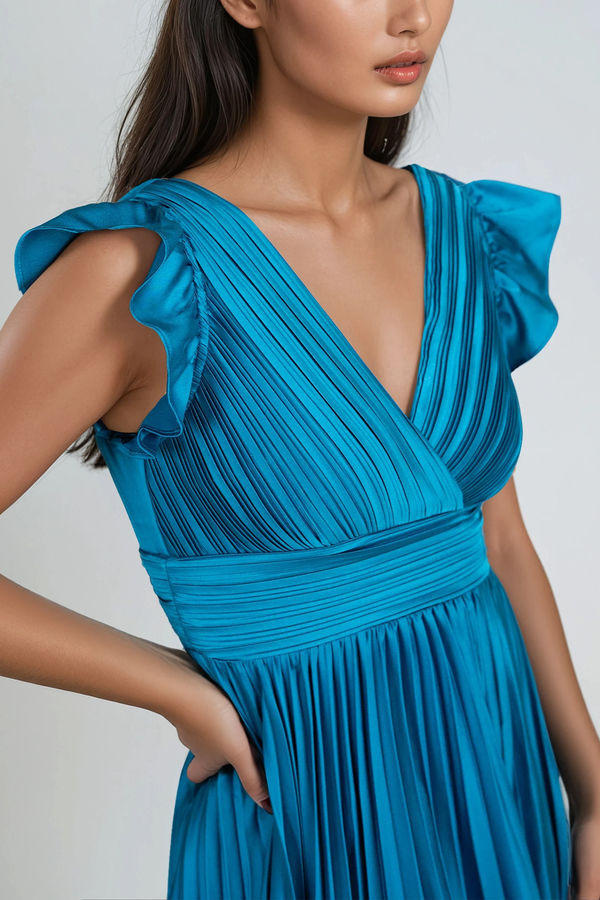Twilight Muse Satin Pleated Maxi Dress - Teal