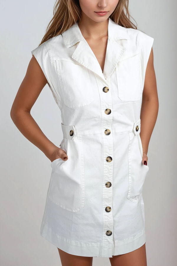 All Grown Up Collared Button Waist Mini Dress - White