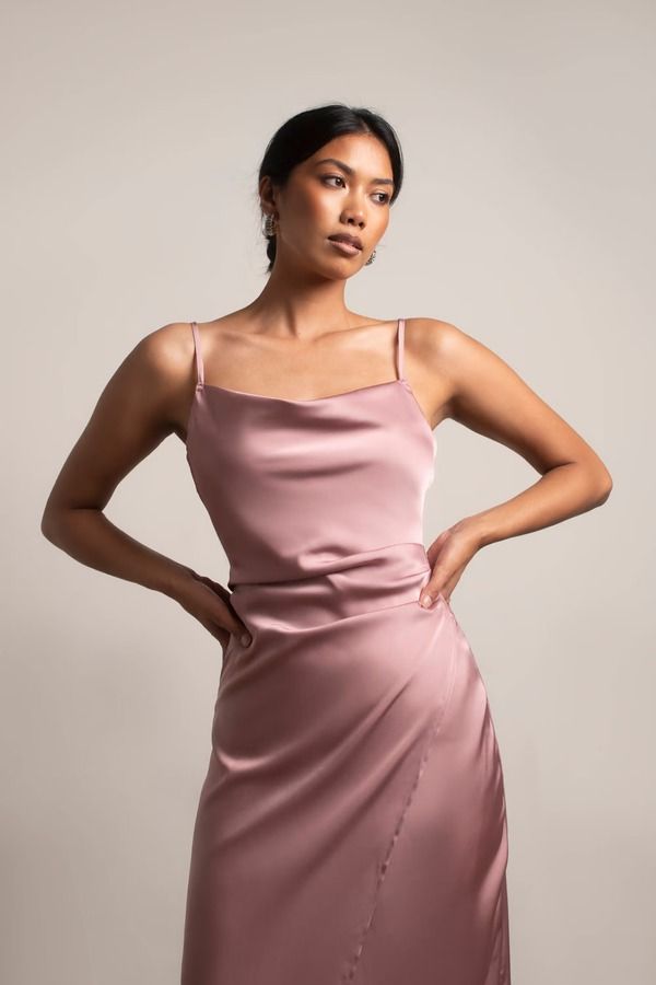 Pink Midi Dress - Satin Dress With Cowl Neck - Rose Slip Dress