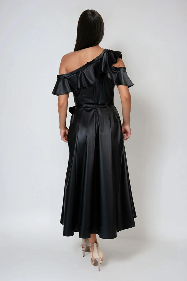 Forever Mood Ruffled Faux Leather Midi Dress - Black